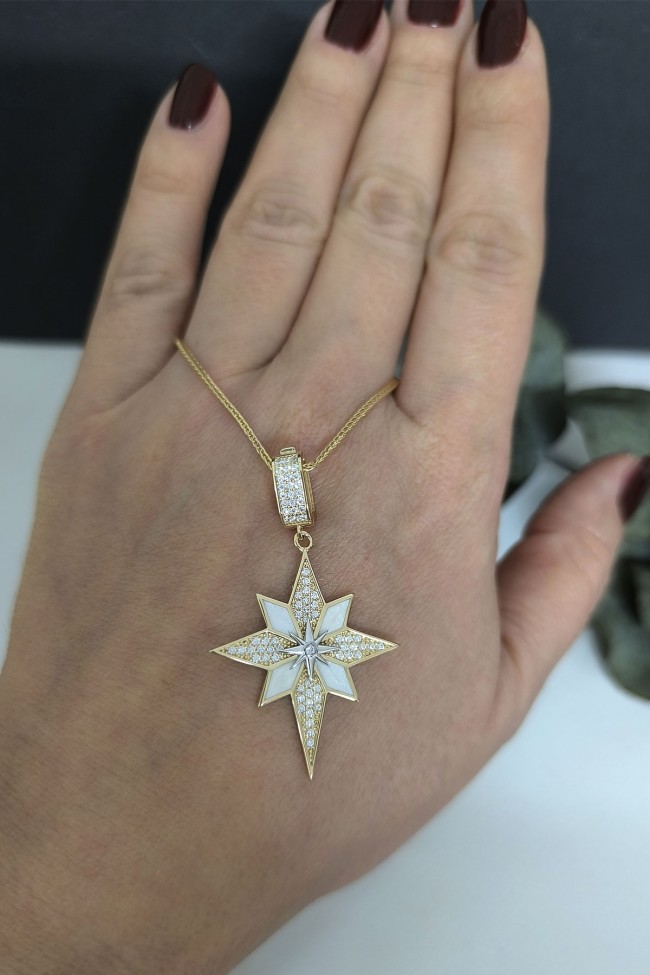 Altın Beyaz Mineli Kuzey Yıldızı Charm Kolye