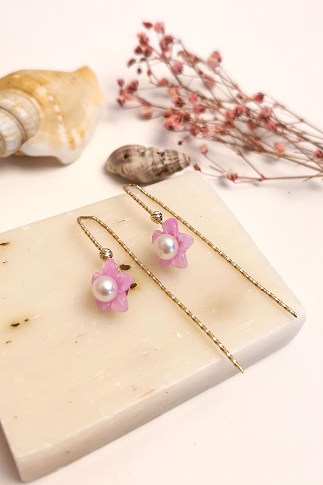 Altın İncili Pembe Çiçek Küpe