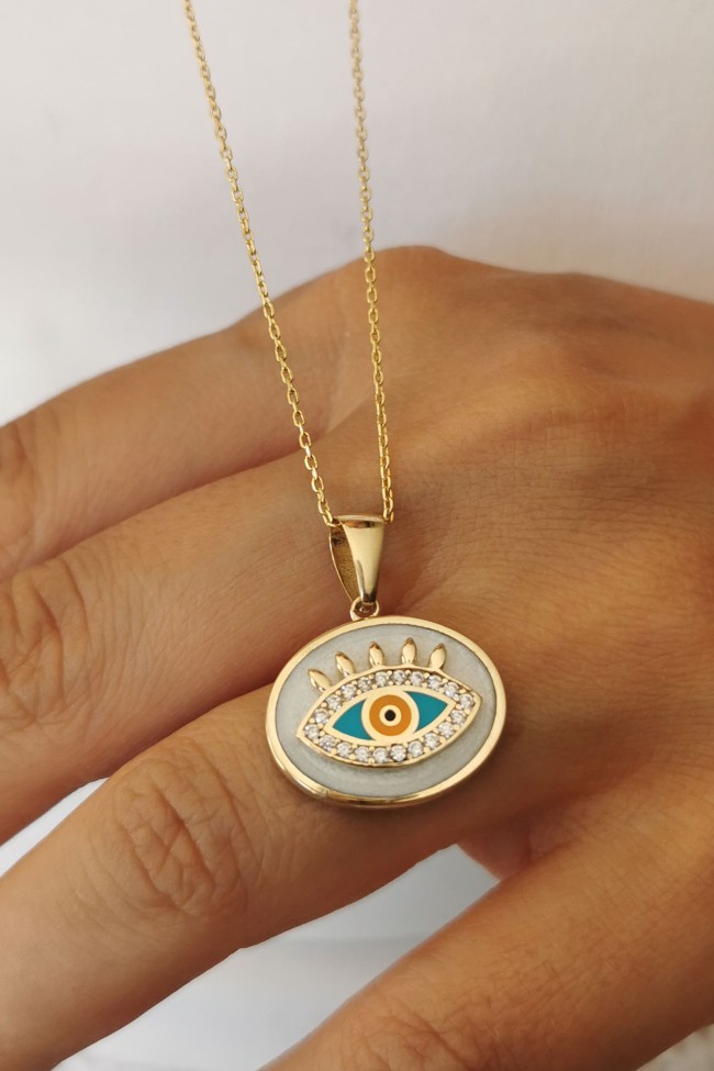 Beyaz Mineli Oval Altın Göz Kolye