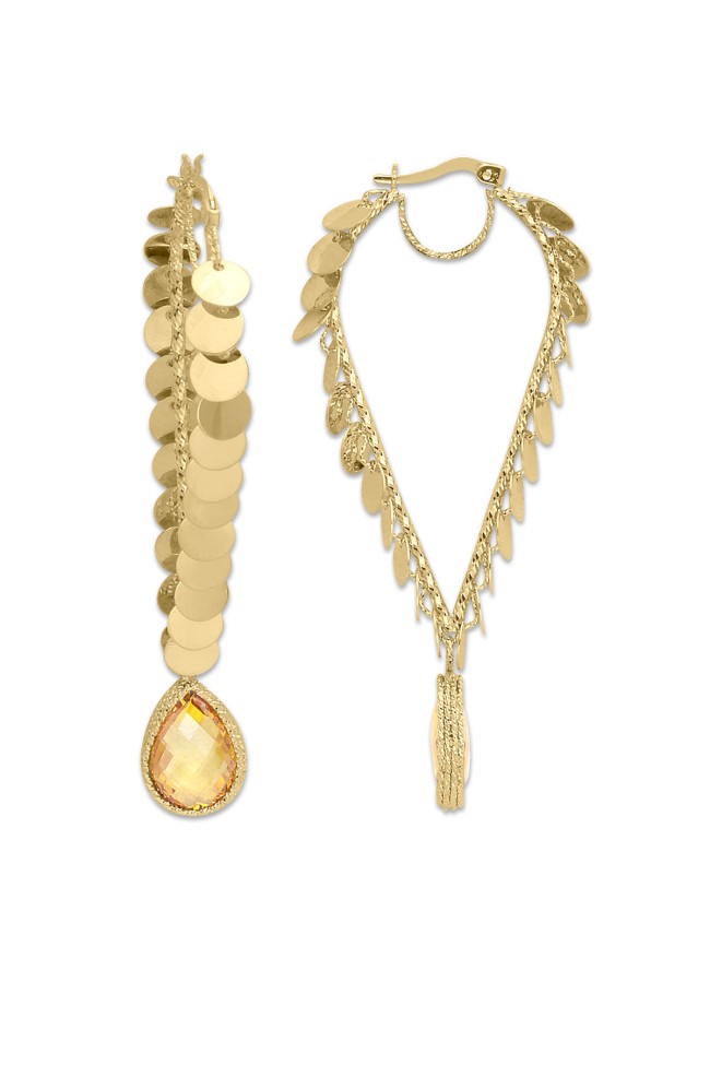 Citrine Damla Taşlı İtalyan Altın V Küpe