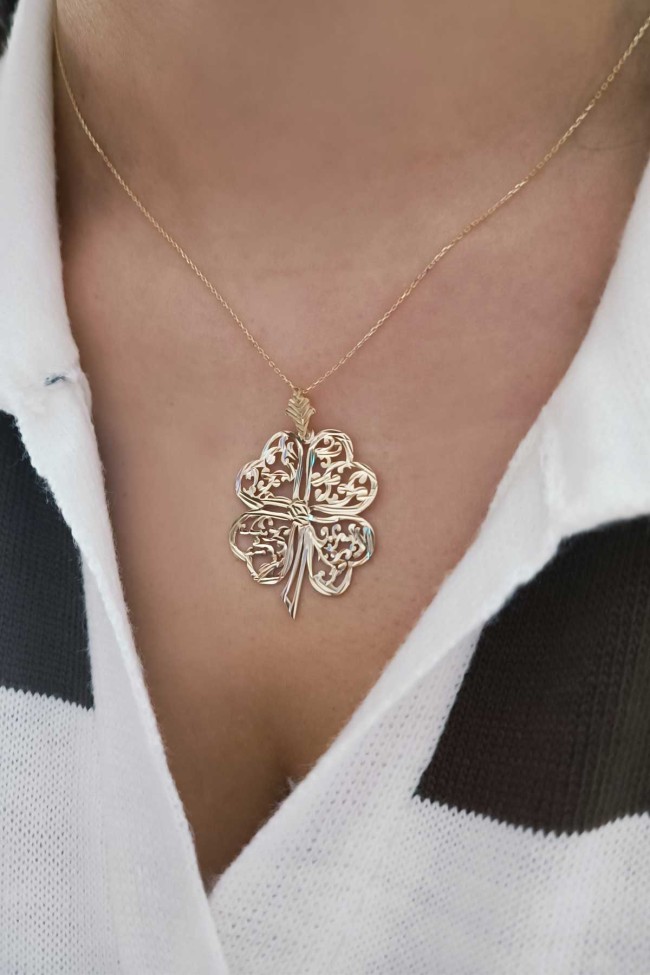 Sarı Altın Altın Etnik Tasarım Yonca Kolye