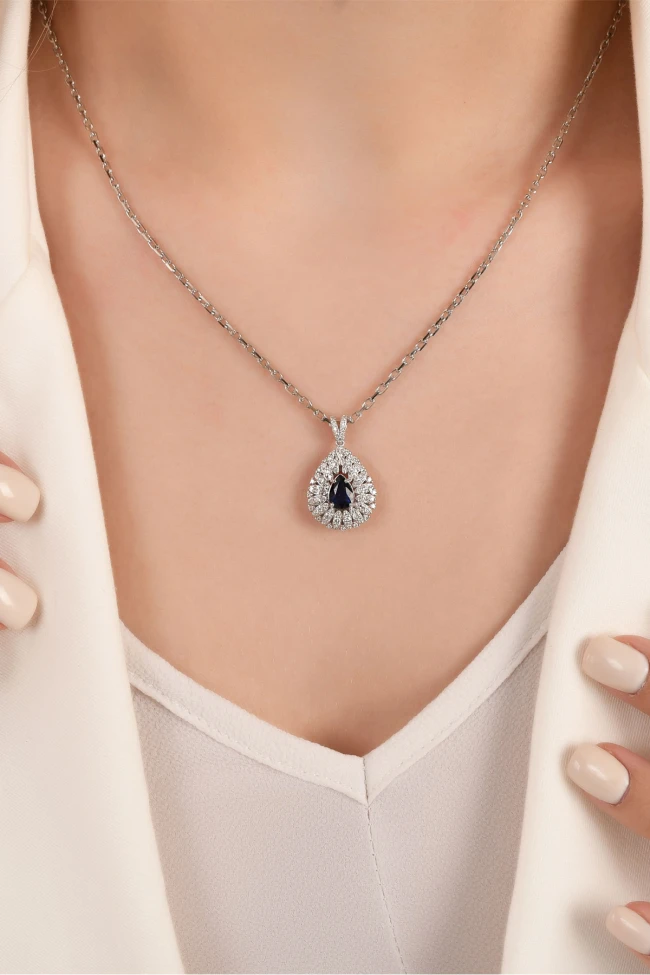 Altın Damla Model Safir Taşlı Pırlanta Kolye