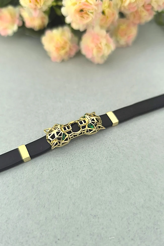 Altın Kauçuk Unisex Panter Bileklik