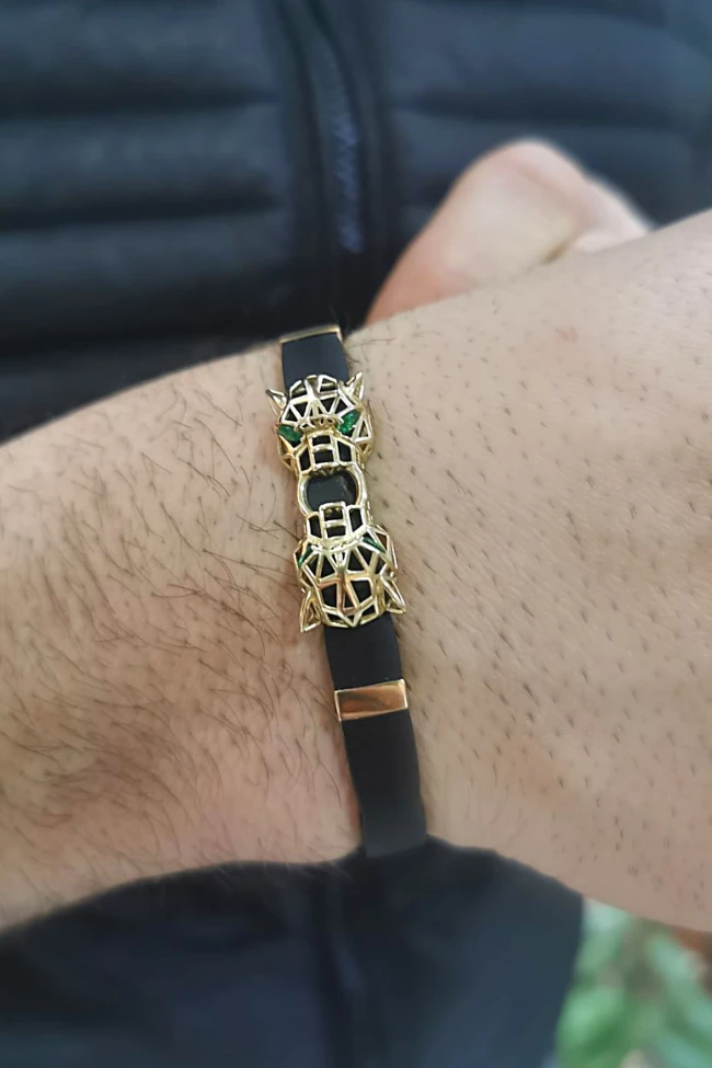 Altın Kauçuk Unisex Panter Bileklik