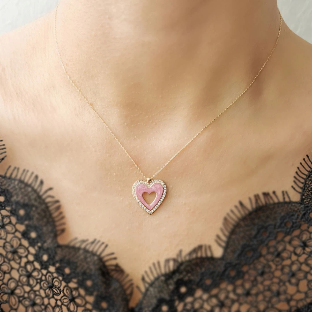 Altın Pembe Kalp Kolye (KLY0563)