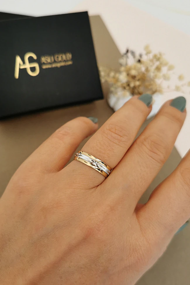 Altın Sarı Beyaz Unisex Alyans