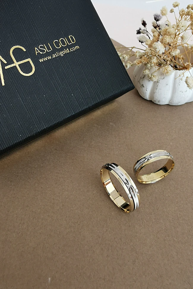 Altın Sarı Beyaz Unisex Çift Alyans