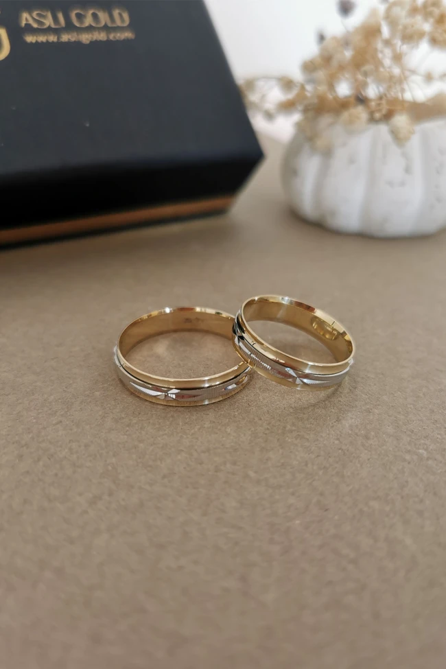 Altın Sarı Beyaz Unisex Çift Alyans