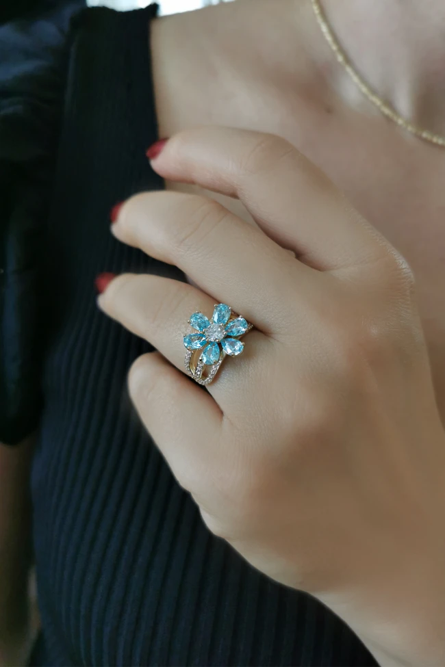Aqua Marine Taşlı Altın Nergis Çiçeği Yüzük