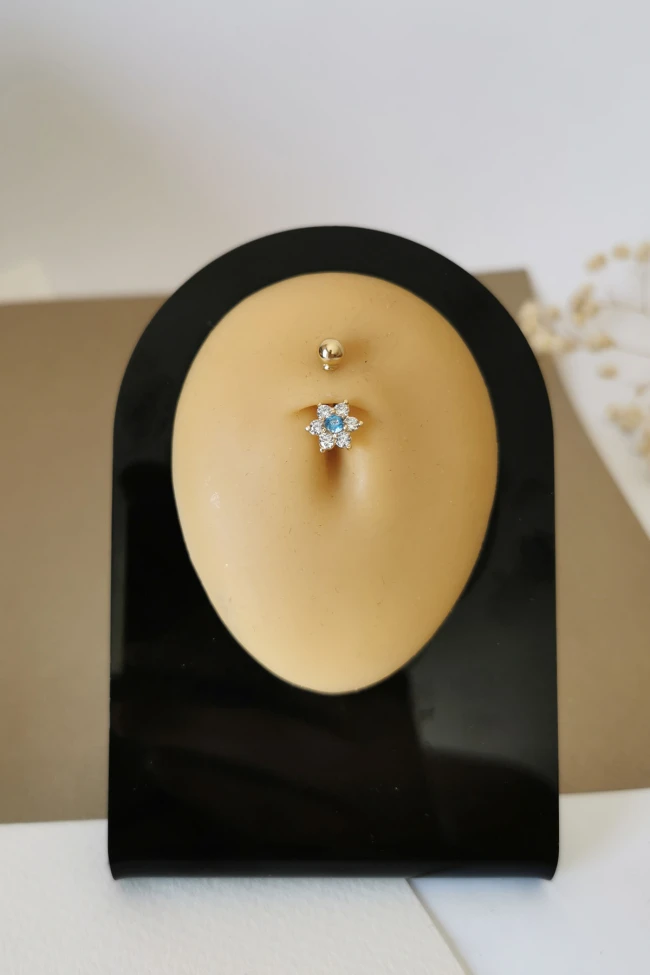 Aqua Taş Detaylı Altın Göbek Piercingi (PC0012)