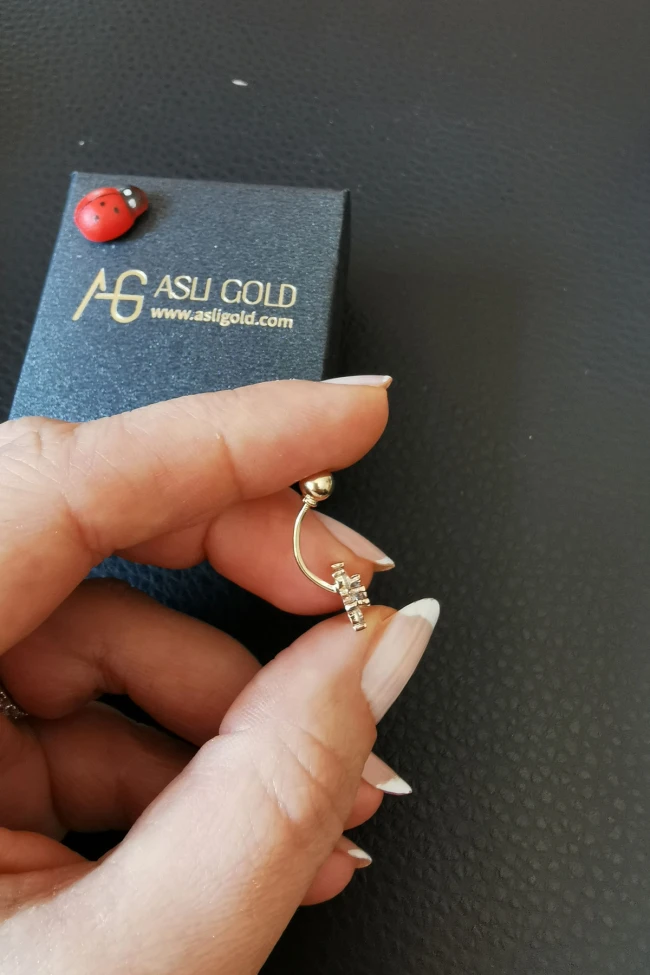 Aqua Taş Detaylı Altın Göbek Piercingi (PC0012)