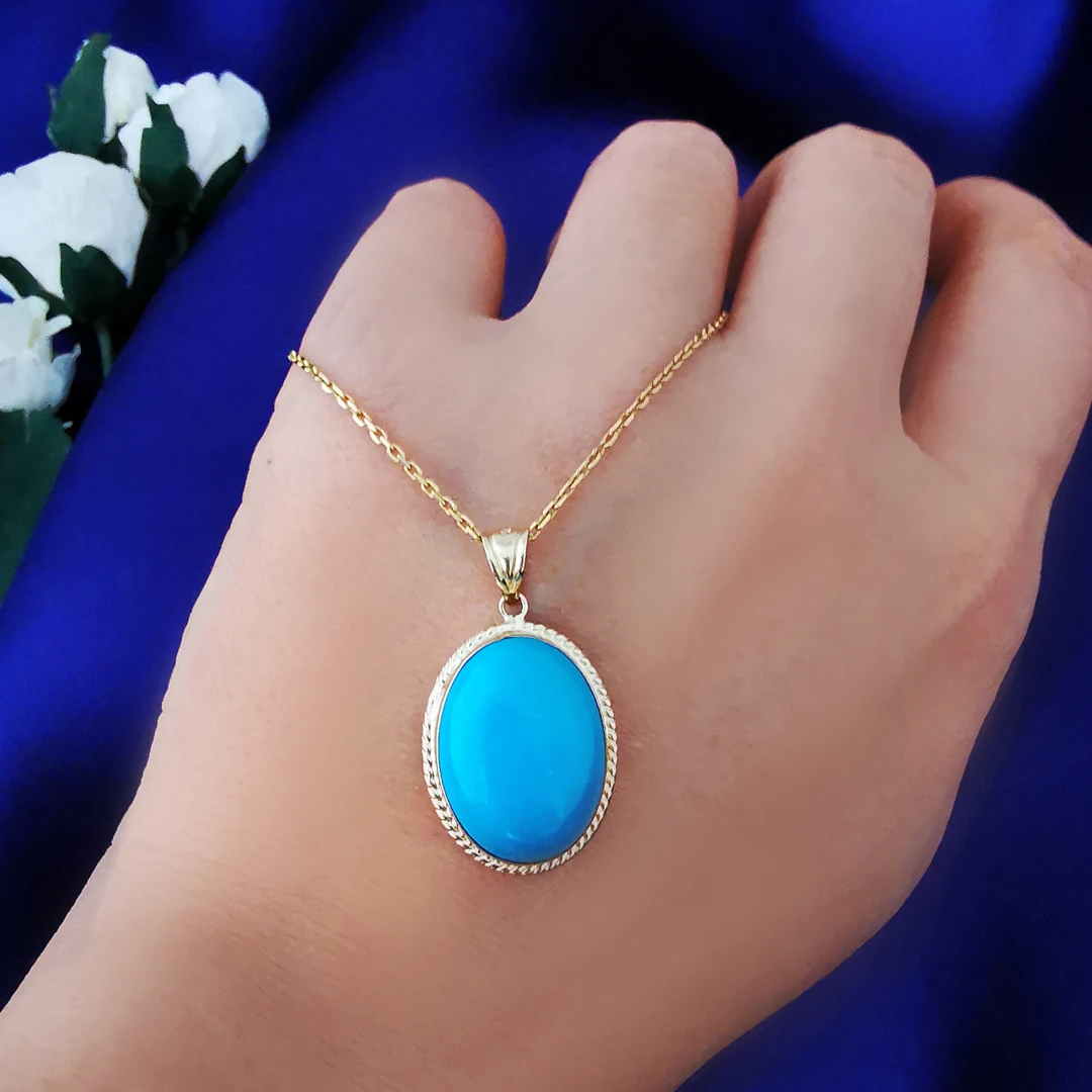 Büyük Boy Oval Firuze Taşlı Altın Kolye (KLY0342)