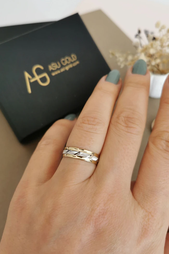 Çift Renk İşlemeli Unisex Altın Alyans
