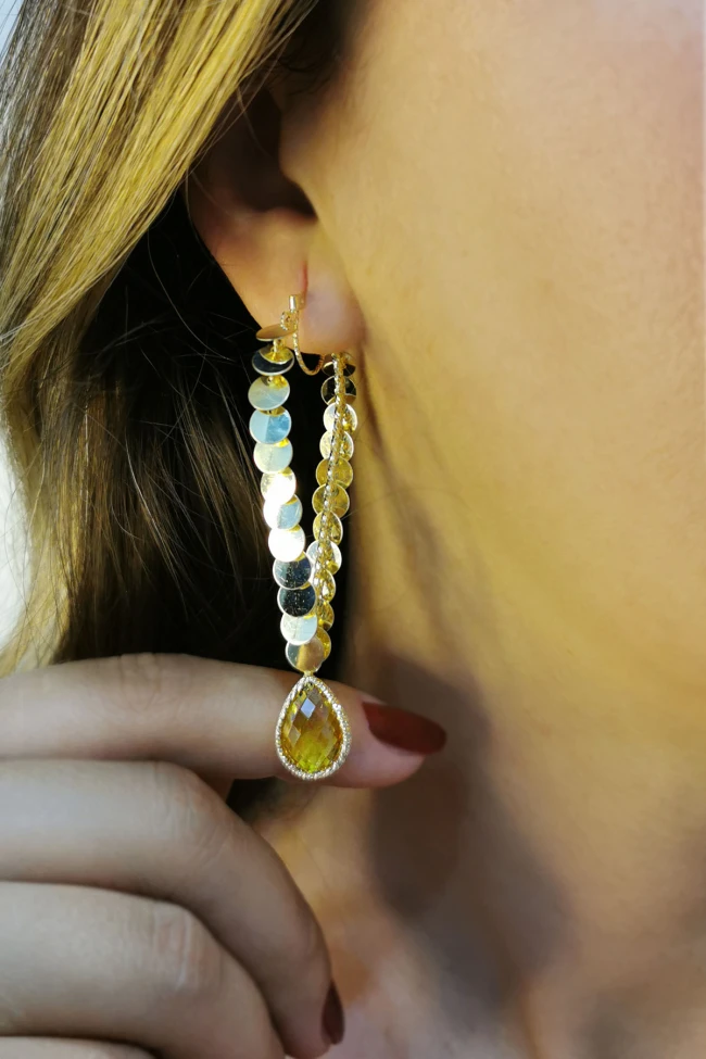 Citrine Damla Taşlı İtalyan Altın V Küpe