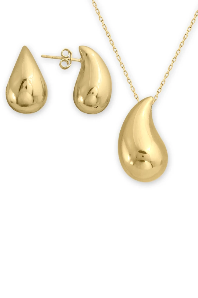 Damla Drop Model Altın 1.5 Cm Kolye Küpe Set