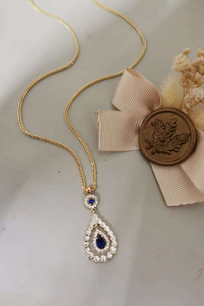 Damla Model Safir Taşlı Altın Kolye