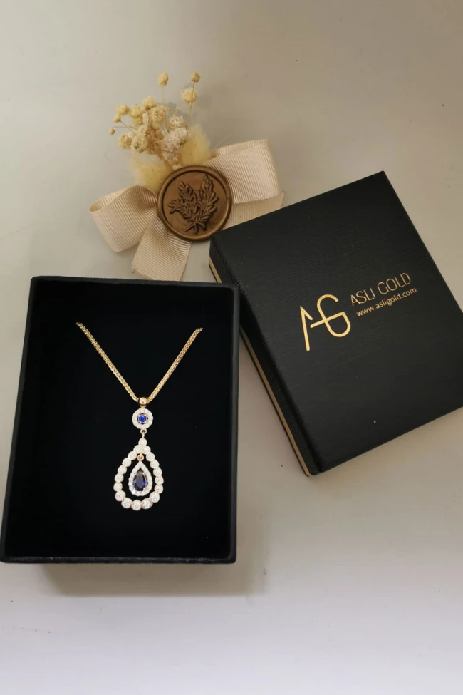Damla Model Safir Taşlı Altın Kolye
