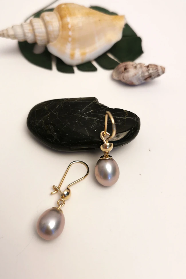 Füme Drop İncili Altın Küpe
