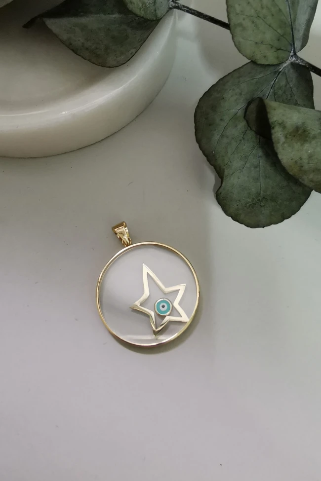 Mineli Yıldız Model Camlı Nazar Altın Kolye Ucu