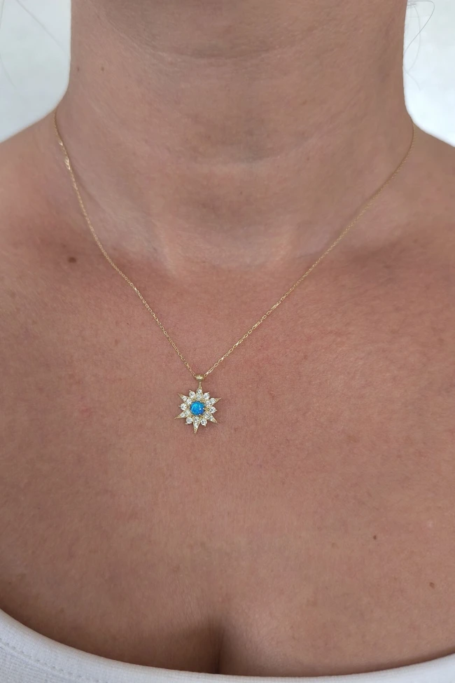 Minimal Mavi Opal Taşlı Altın Yıldız Kolye