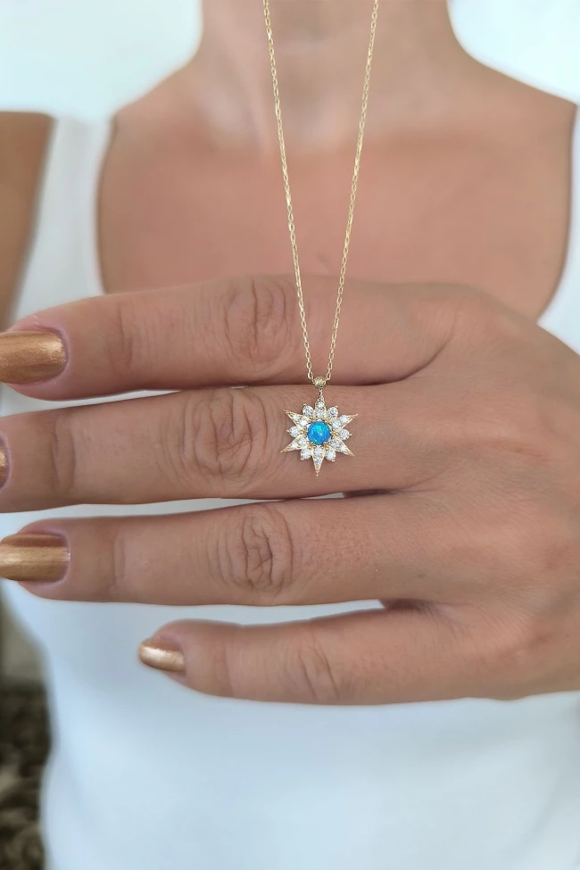 Minimal Mavi Opal Taşlı Altın Yıldız Kolye