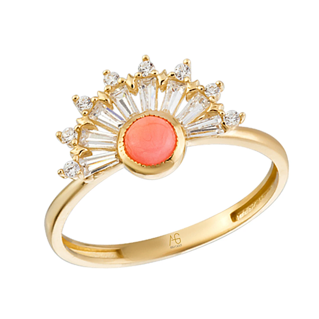 Opal Taşlı Minimal Altın Yelpaze Yüzük (YZK0412)