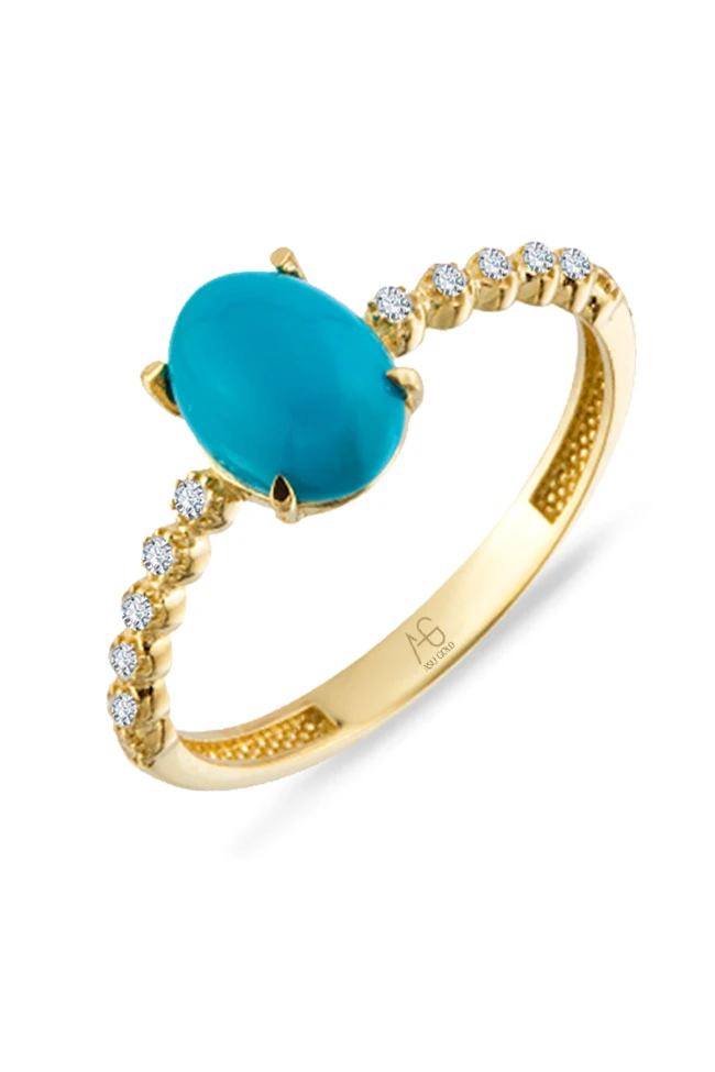 Oval Firuze Taşlı Minimal Altın Yüzük