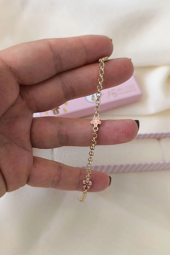 Pembe Çiçekli Altın Kız Çocuk Bileklik