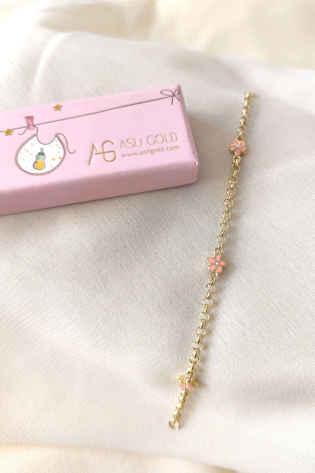 Pembe Çiçekli Altın Kız Çocuk Bileklik