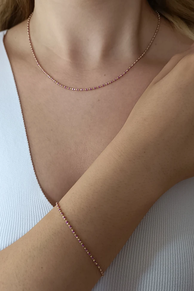 Pembe Mine Detaylı Altın Bileklik Kolye Takım