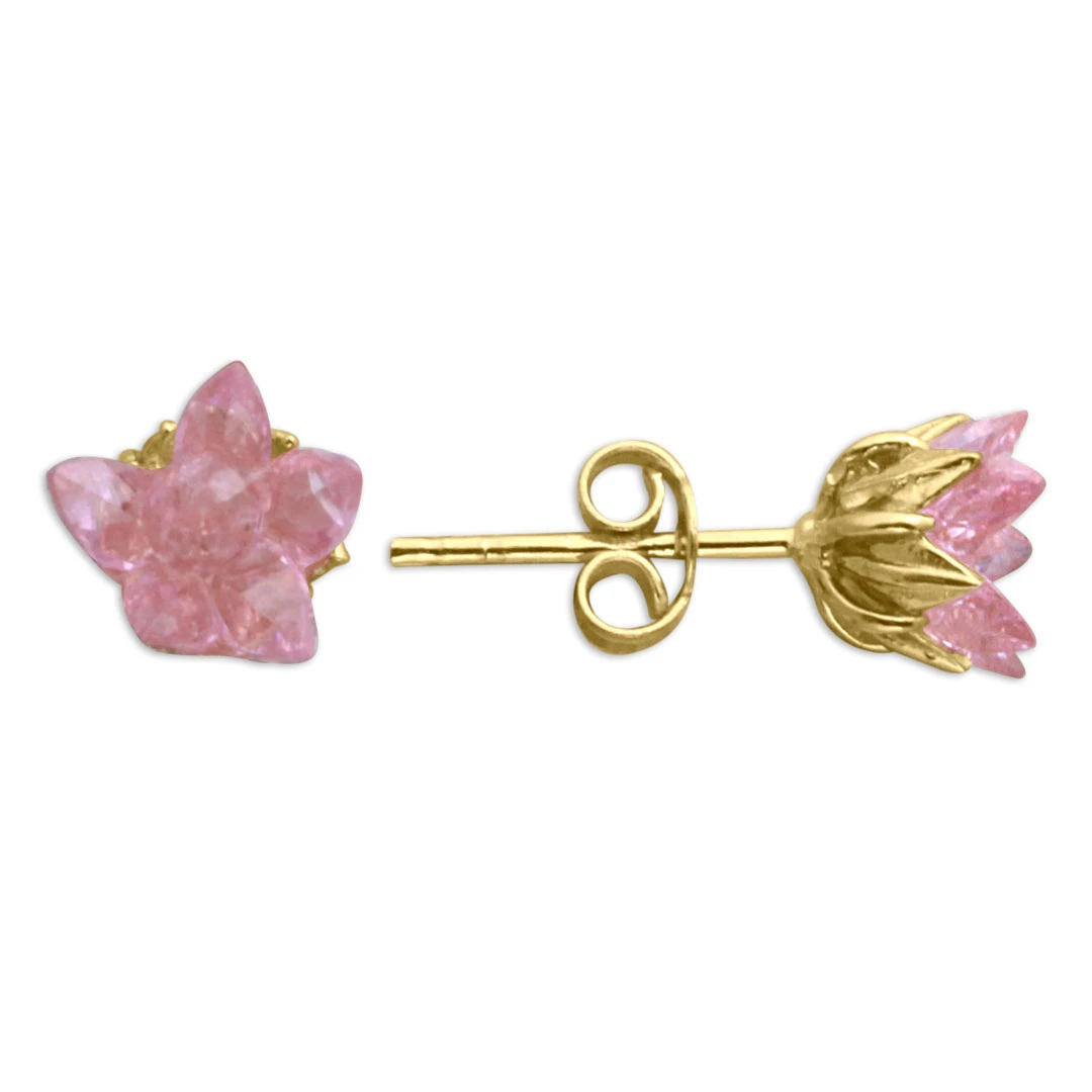 Pembe Taşlı Altın Lotus Çiçeği Küpe (KP0342)