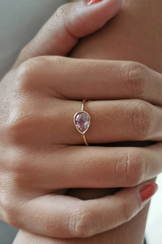 Pembe Taşlı Altın Sade Yüzük