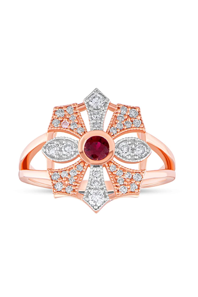 Rose Gold Çiçek Model Ruby Taşlı Pırlanta Yüzük