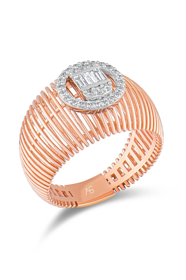 Rose Gold Kafes Model Baget Taşlı Pırlanta Yüzük