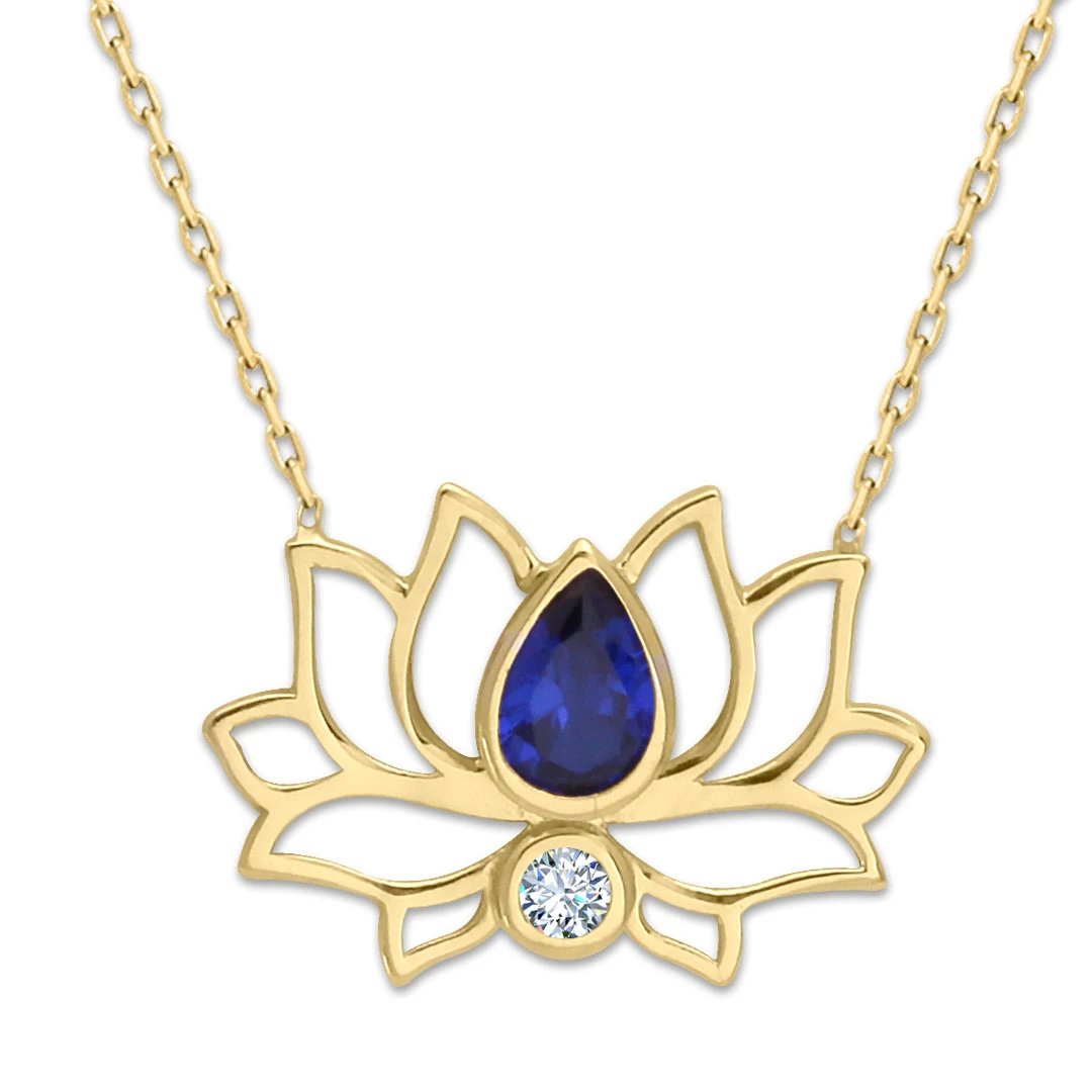 Safir Taşlı Altın Lotus Çiçeği Kolye