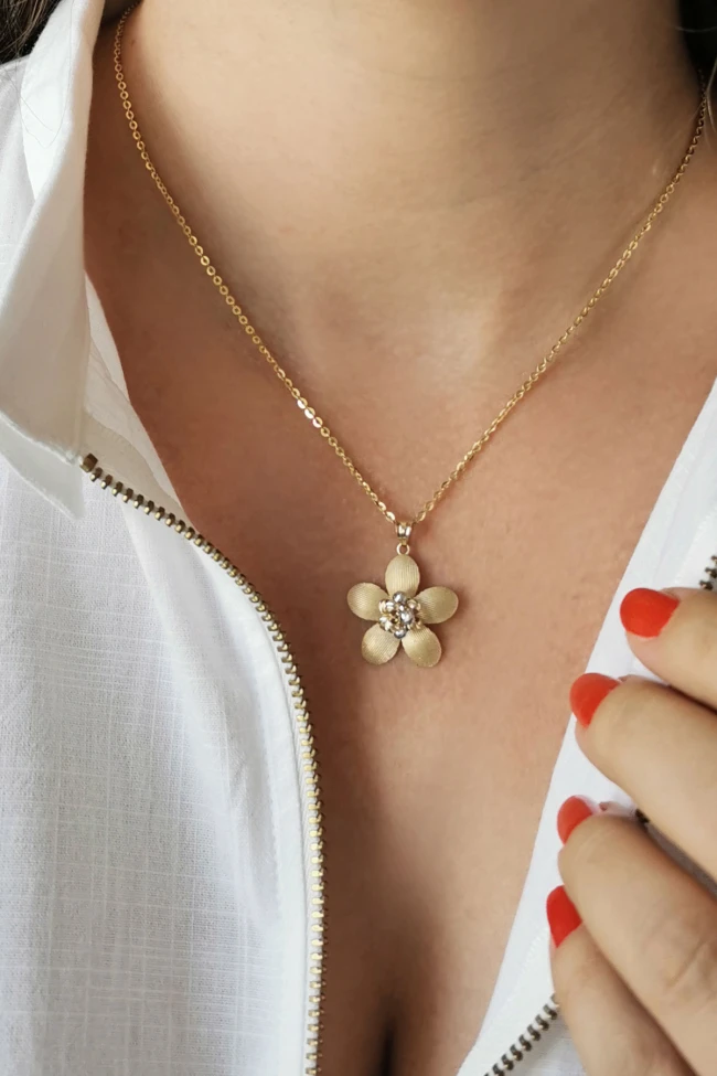 Sarı Altın Altın Tasarım Model Çiçek Kolye