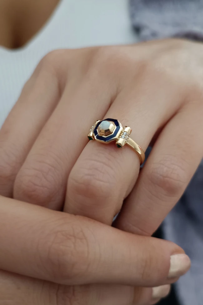 Sarı Altın Mineli Opal Taşlı Tasarım Yüzük