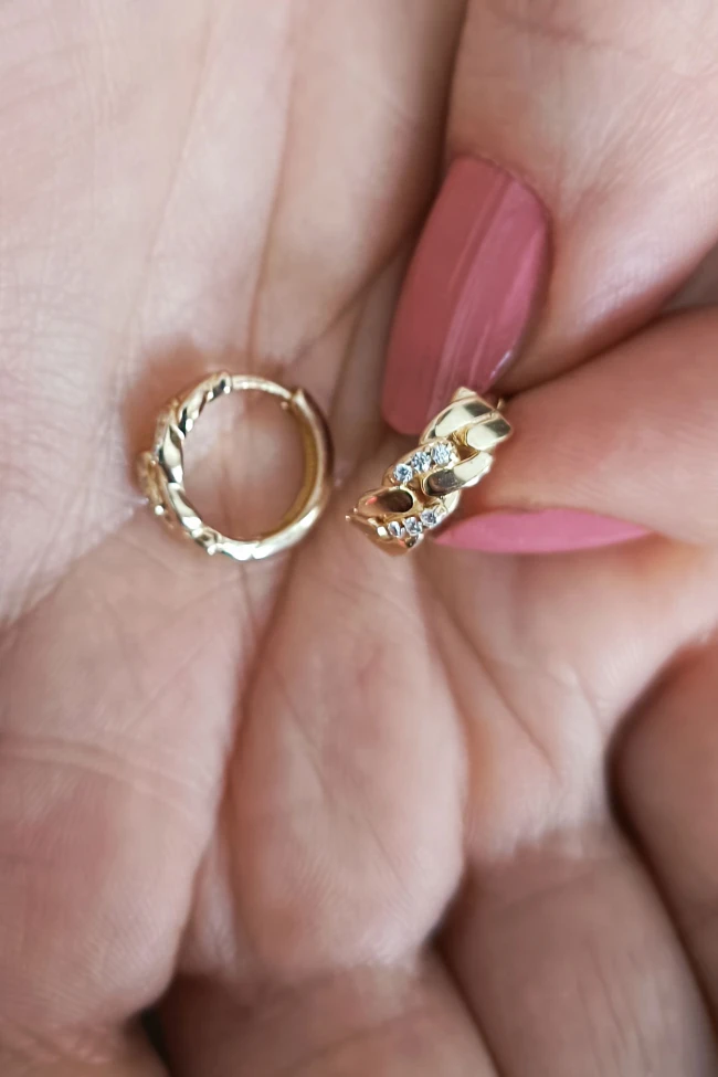 Sarı Altın Mini Taşlı Örgü Halka Kombin Küpe