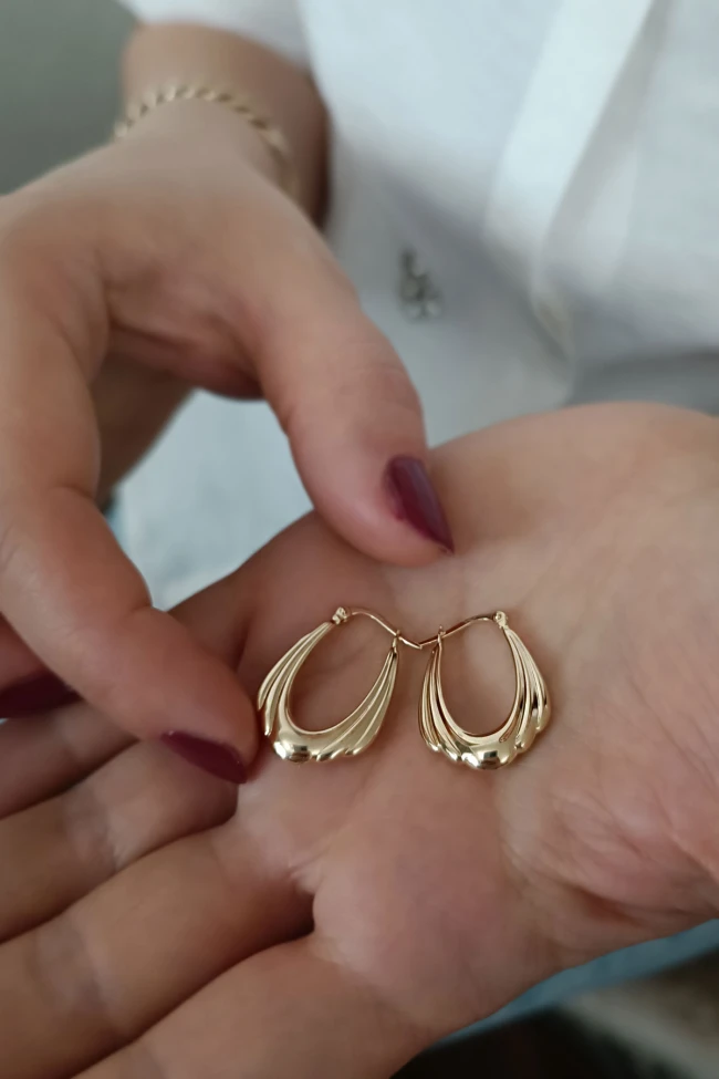 Sarı Altın Su Damlası Oval Tasarım Halka Küpe