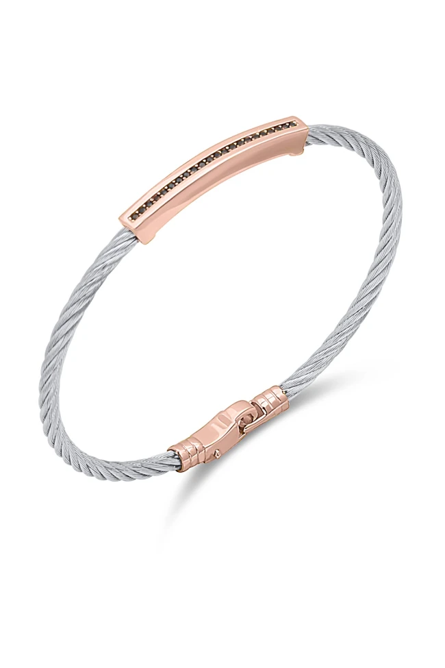 Siyah Taş Detaylı Rose Gold Çelik Erkek Bilekliği