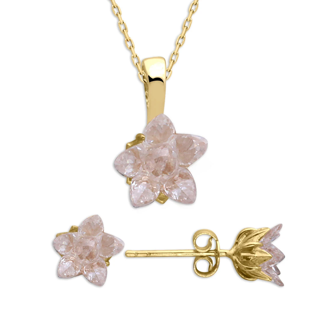 Taşlı Altın Lotus Kolye Küpe Takım (TKM0087)