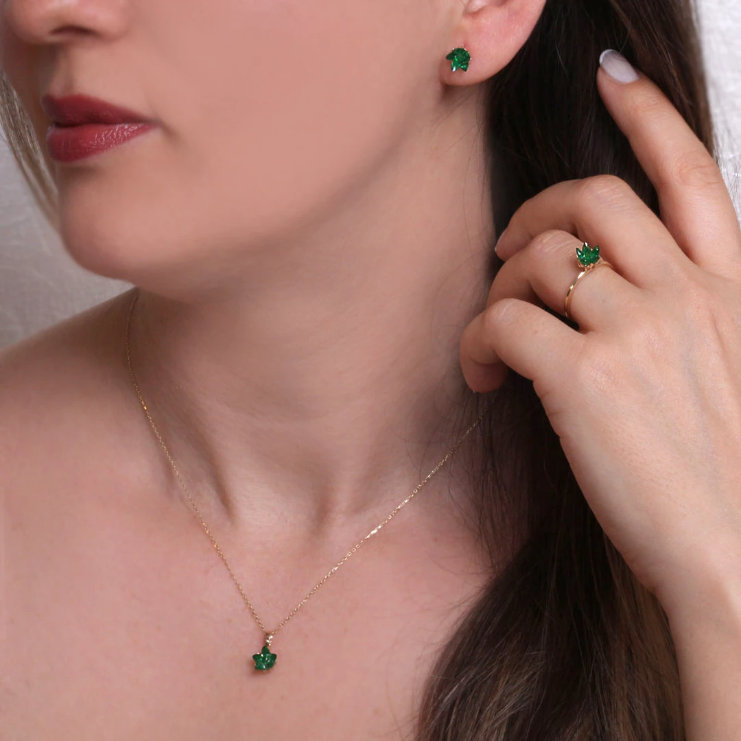 Yeşil Taşlı Altın Lotus Çiçeği Set (TKM0092)