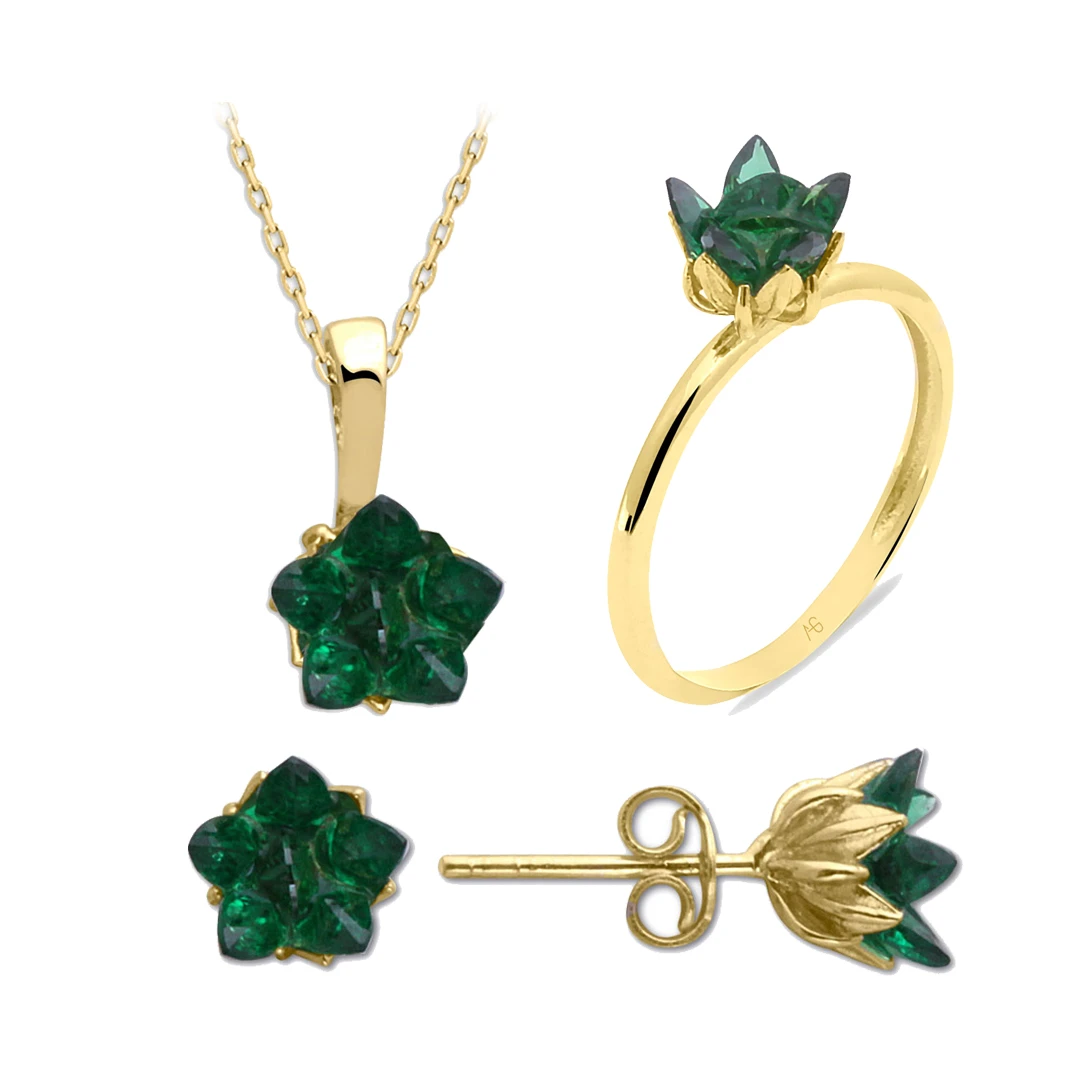 Yeşil Taşlı Altın Lotus Çiçeği Set (TKM0092)
