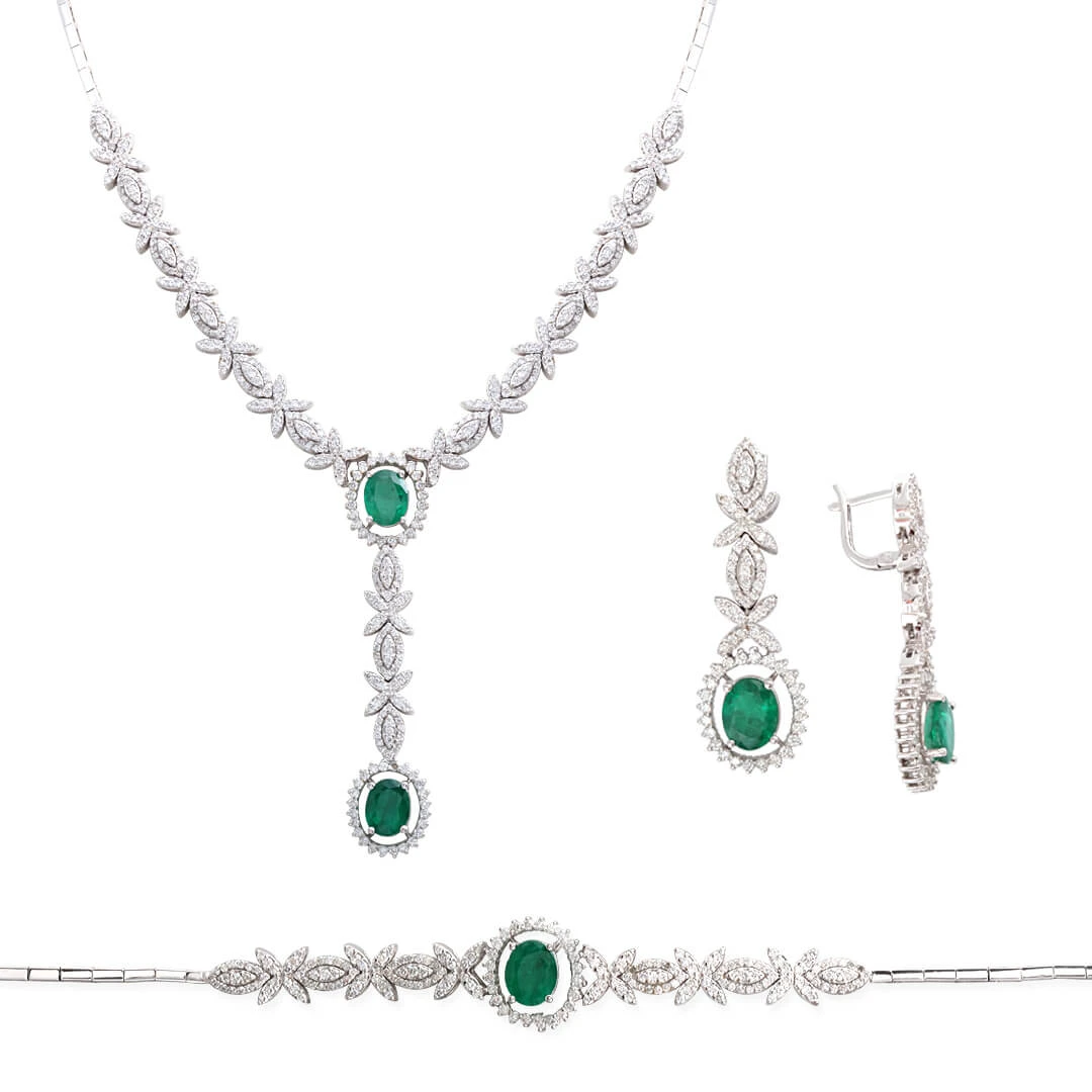 Zümrüt Oval Taş Detaylı Pırlanta Takı Seti (SET0016)