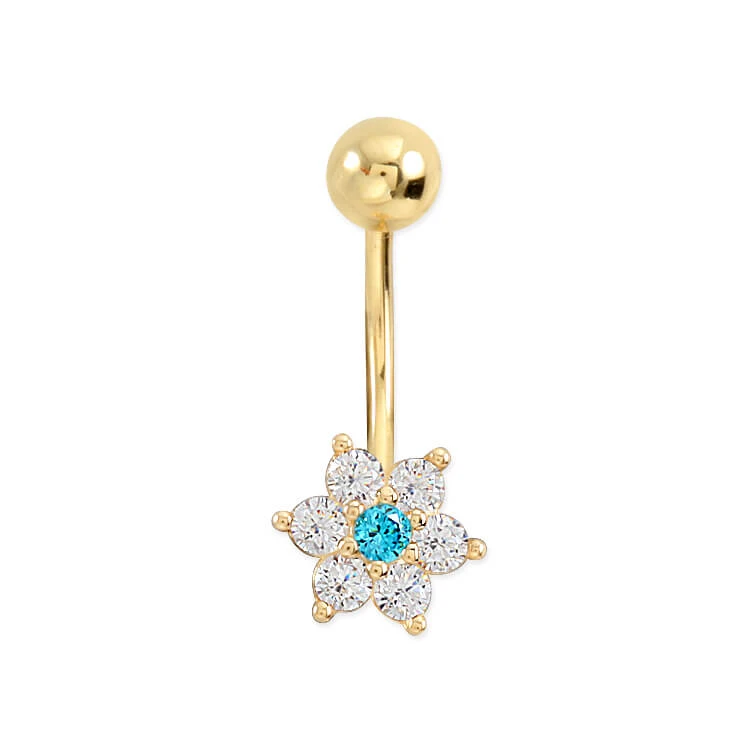 Aqua Taş Detaylı Altın Göbek Piercingi (PC0012)