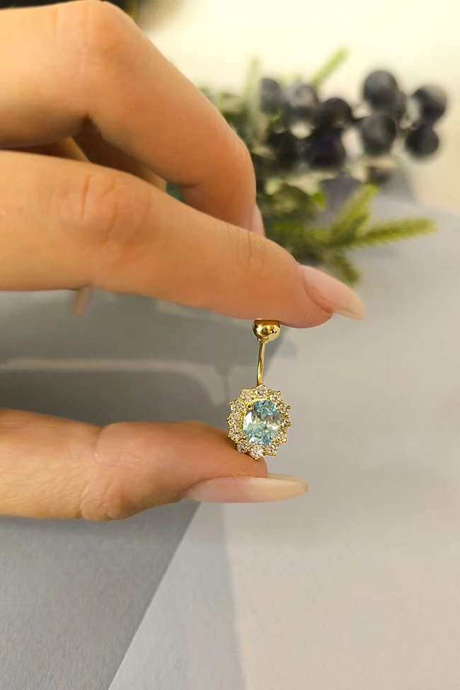 Aqua Taşlı Gösterişli Altın Göbek Piercingi