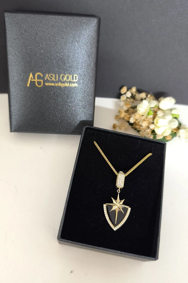 Şövalye Altın SiyahMineli Unisex Kolye