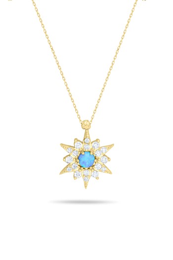 Minimal Mavi Opal Taşlı Altın Yıldız Kolye