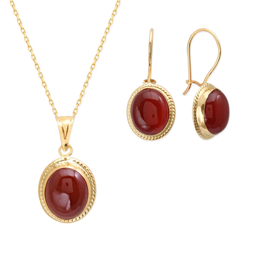 Akik Taşlı Altın Nostalji Kolye Küpe Takım (TKM0023)