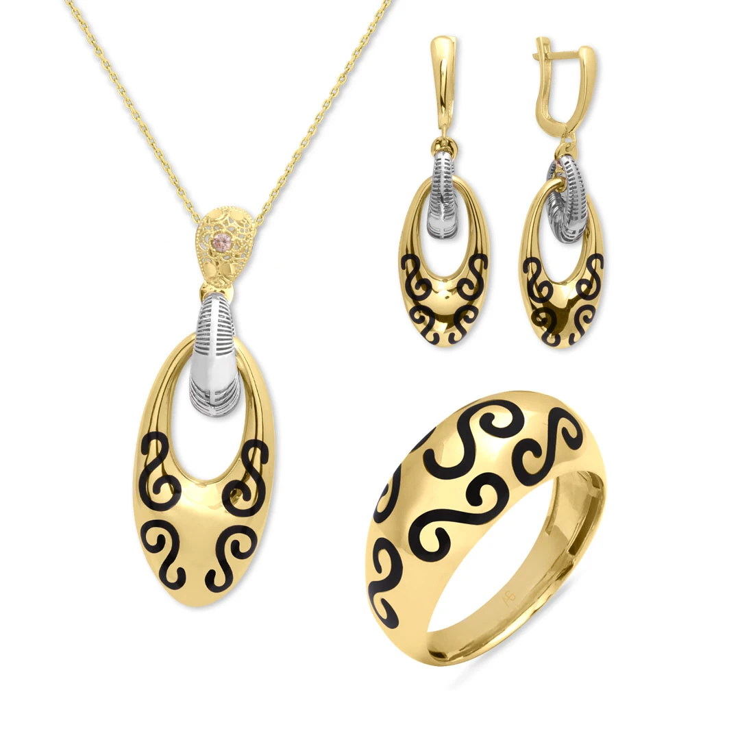Altın 14 Ayar Siyah Mineli İtalyan Üçlü Set (TKM0072)